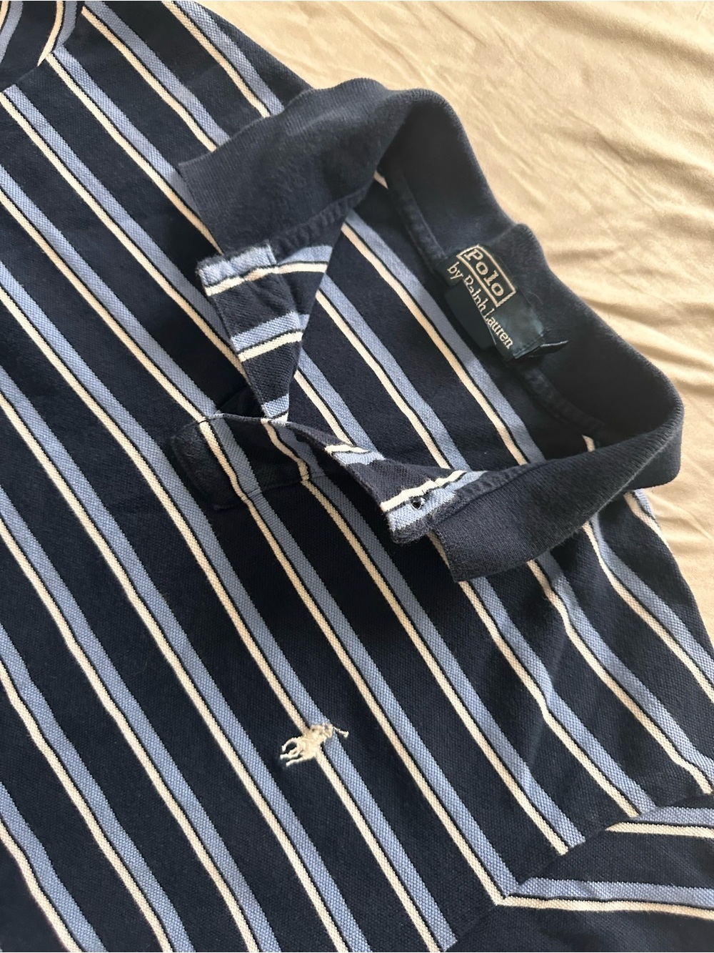 Polo Ralph Lauren Men's L Custom Fit Striped Navy Blue White Polo Y2K cotton